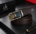 Brown leather automatic belt with silver buckle