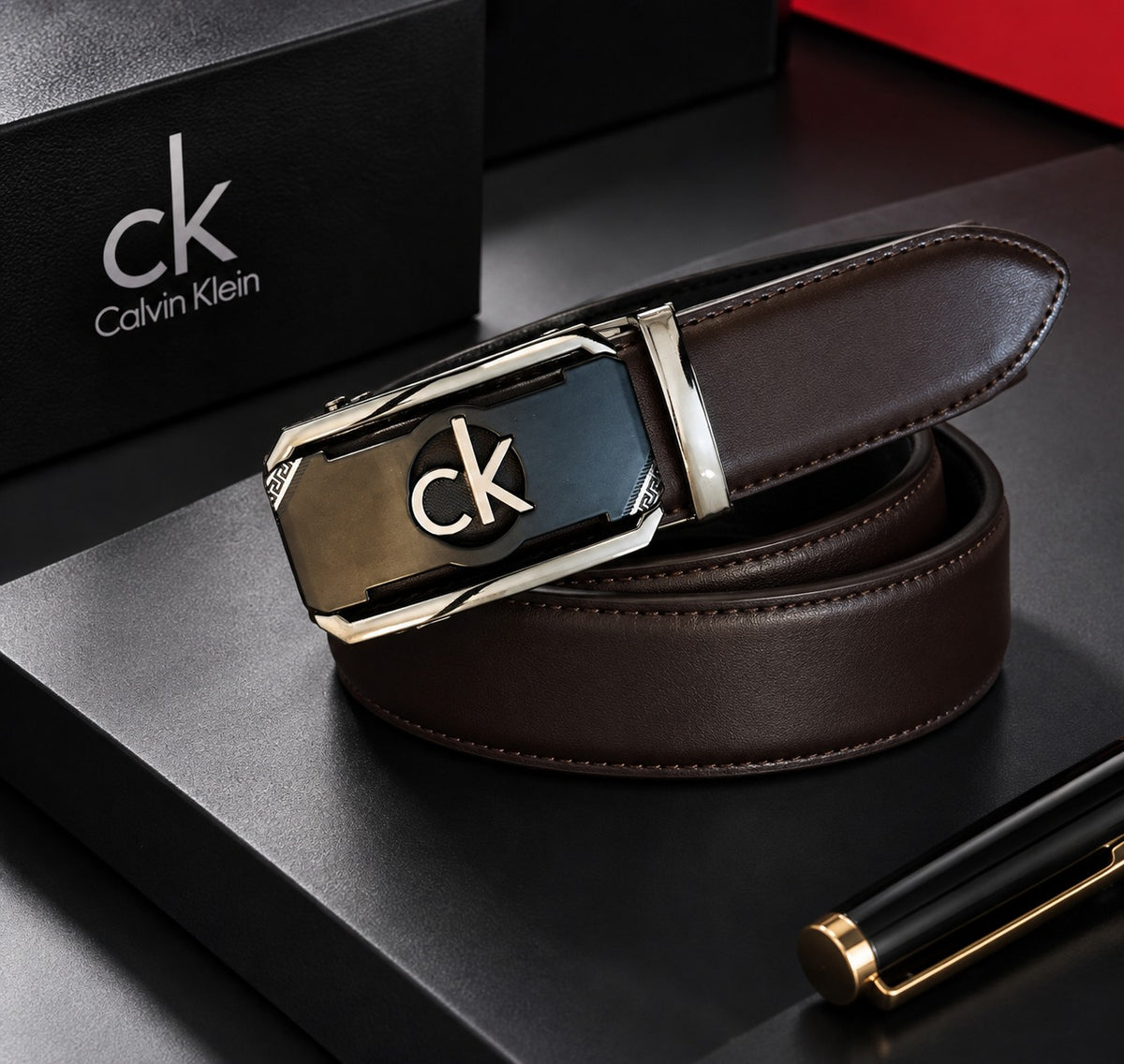 Brown leather automatic belt with silver buckle