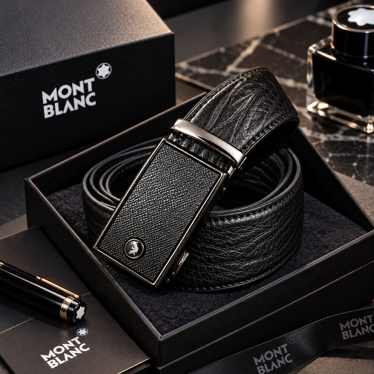 Black textured belt with a rectangular dark buckle and silver-tone trim