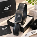 Black grained men's belt with a rectangular brushed-look buckle and stitched strap