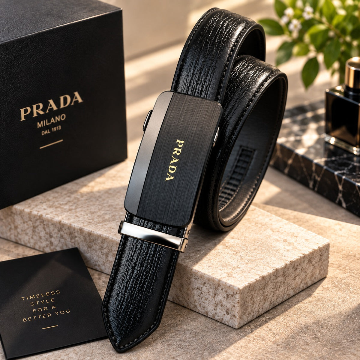 Black textured men's belt with wide dark brushed-look automatic-style buckle and stitched edges